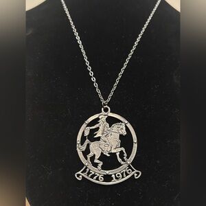 Vintage pewter Spirit of 1776-1976 Bicentennial equestrian pendant on a chain